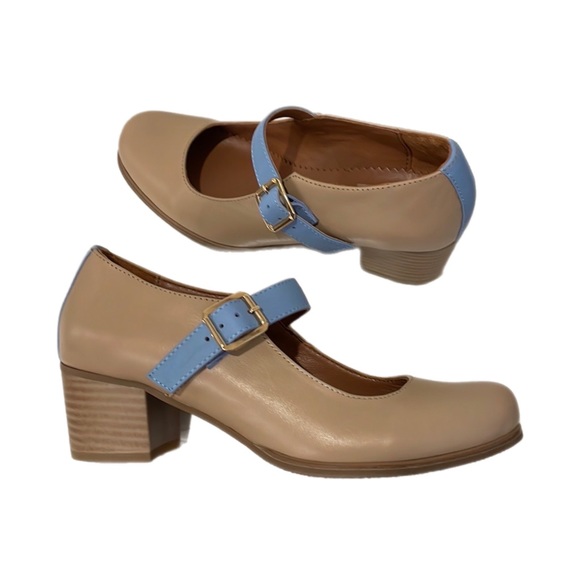 Julia Bo Shoes - Julia Bo Neutral and Sky Blue Mary Jane Leather Block Heels